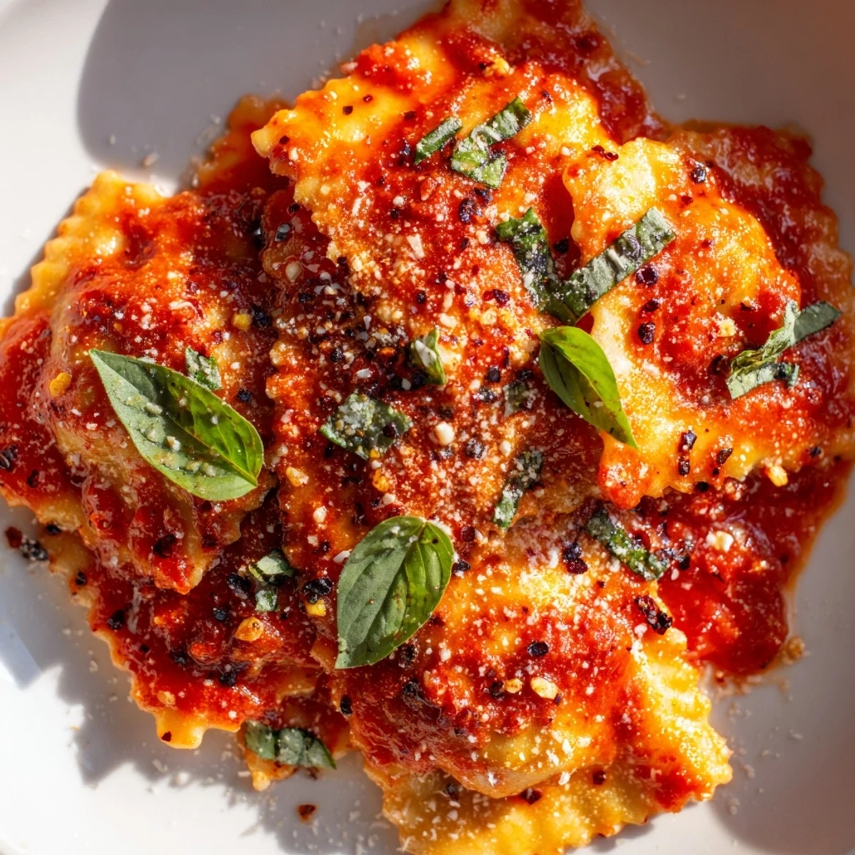 Tender 20-Minute Ravioli with Simple Sauce is served steaming in a shallow white bowl.  