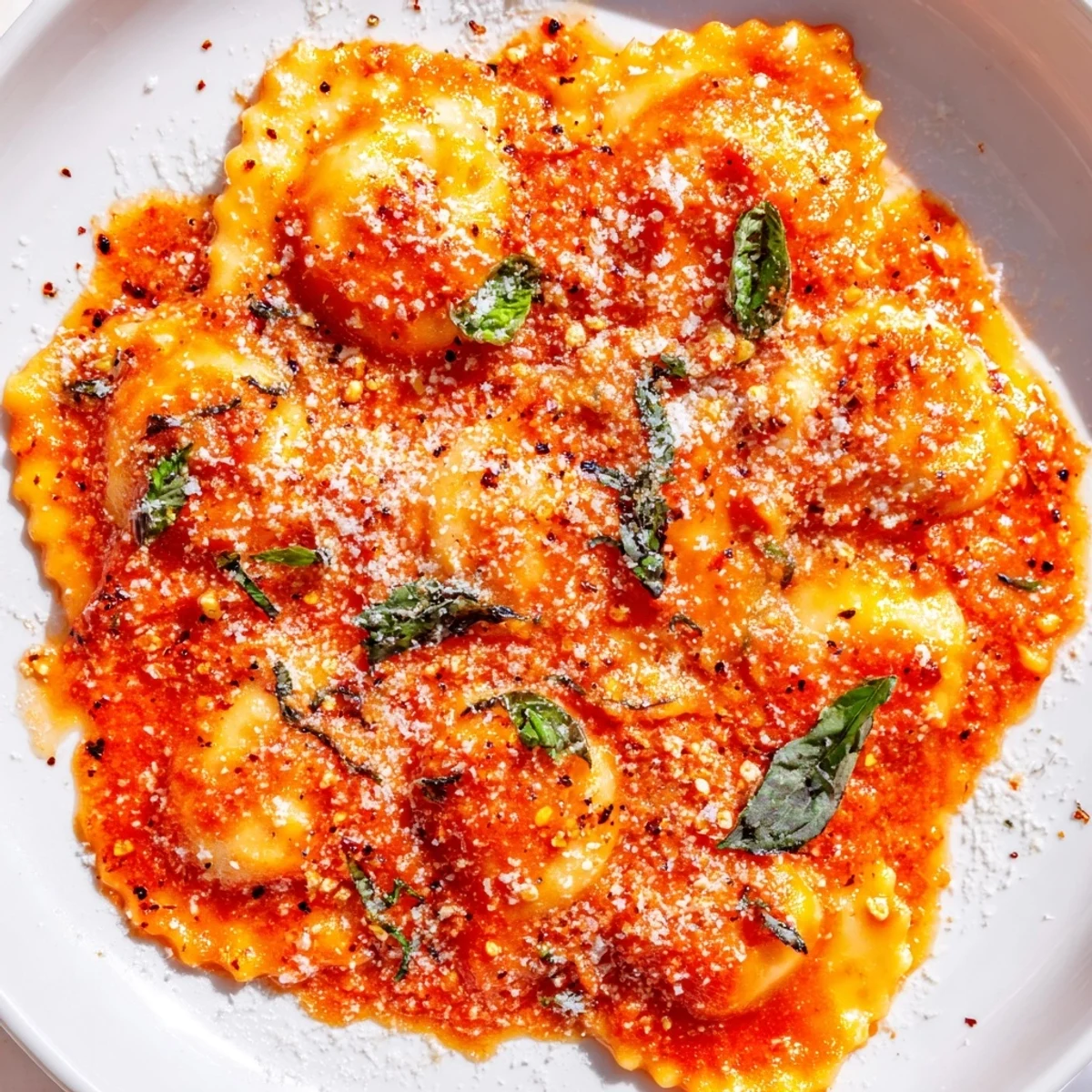 Golden Parmesan melts over 20-Minute Ravioli with Simple Sauce, glistening with olive oil.