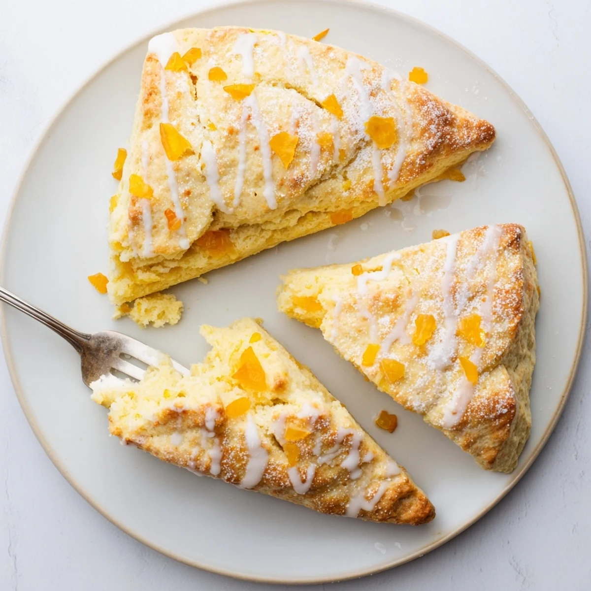 Golden-brown Candied Ginger Orange Scones fresh from the oven on a cooling rack with drizzled glaze.