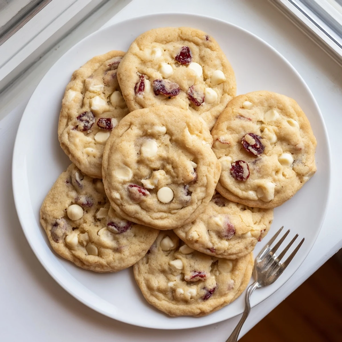 A plate of White Chocolate Cranberry Cookies with white chocolate chips melting and tart cranberries peeking out, ready to serve.
