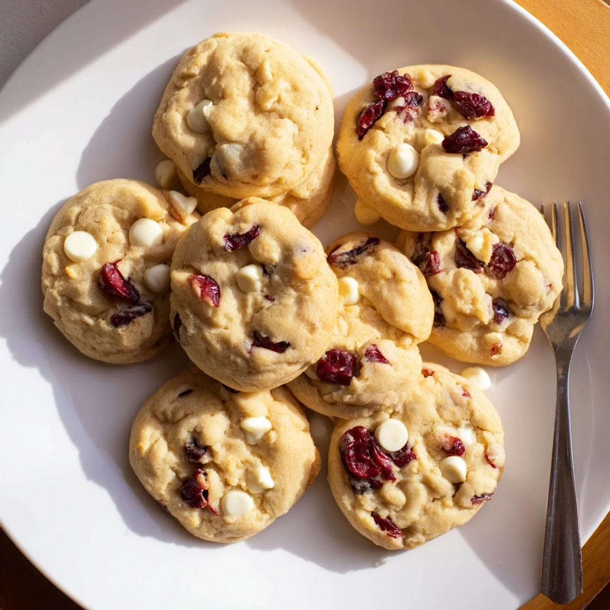 A close-up view of freshly baked White Chocolate Cranberry Cookies on a wooden board, showing soft centers and chewy edges.