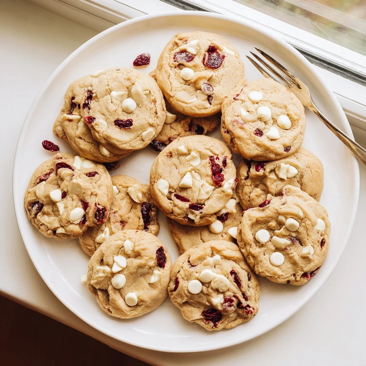 Stack of warm White Chocolate Cranberry Cookies on a cooling rack, perfect for a festive holiday dessert platter.