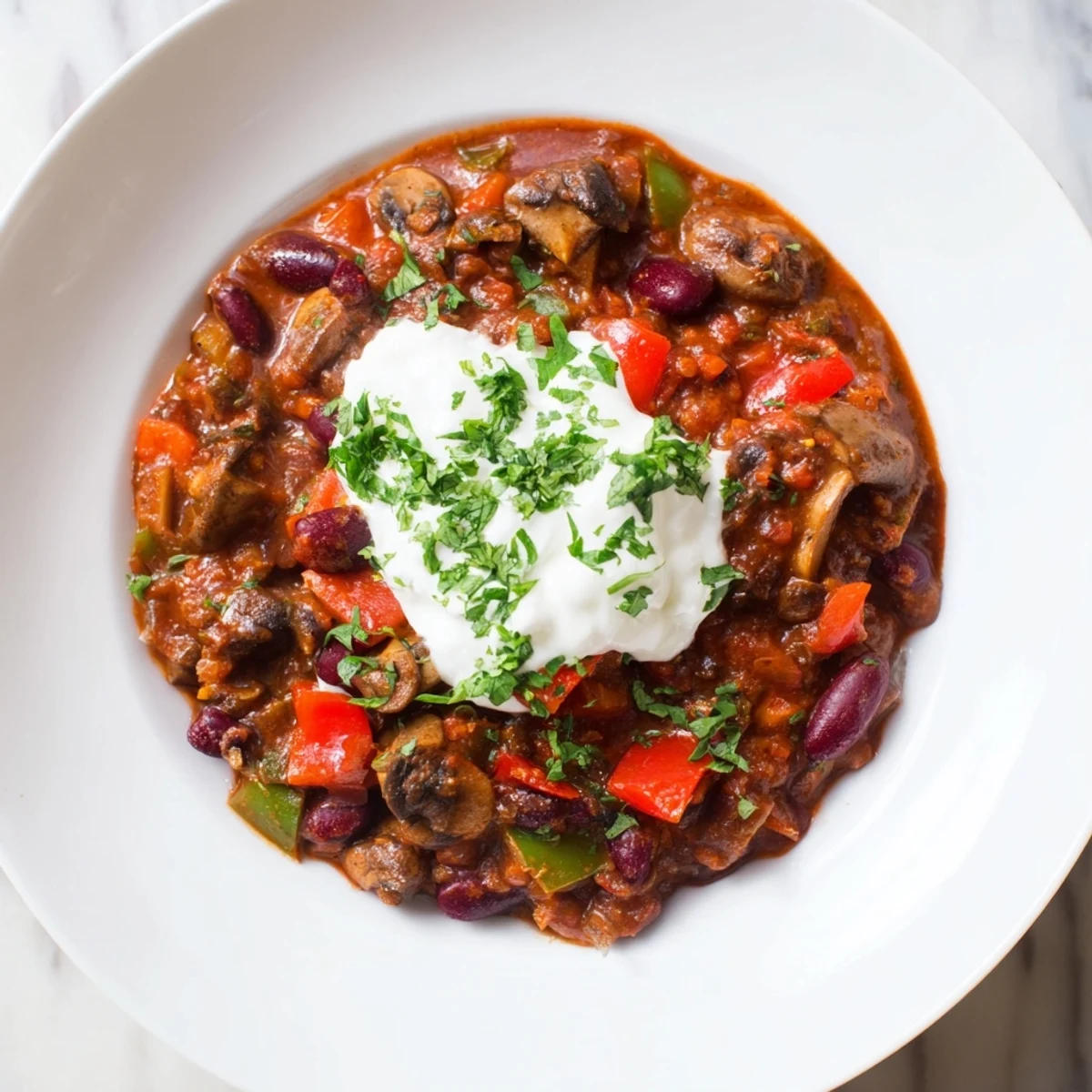 A close-up of Chilli Mushroom Con Carne in a rustic pot, topped with fresh cilantro, sour cream, and lime wedges.