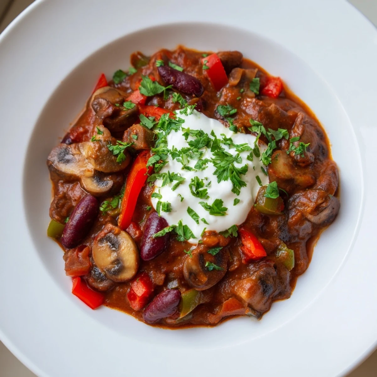 Steam rises from a warm bowl of Chilli Mushroom Con Carne, served with tortilla chips and a colorful salad on the side.