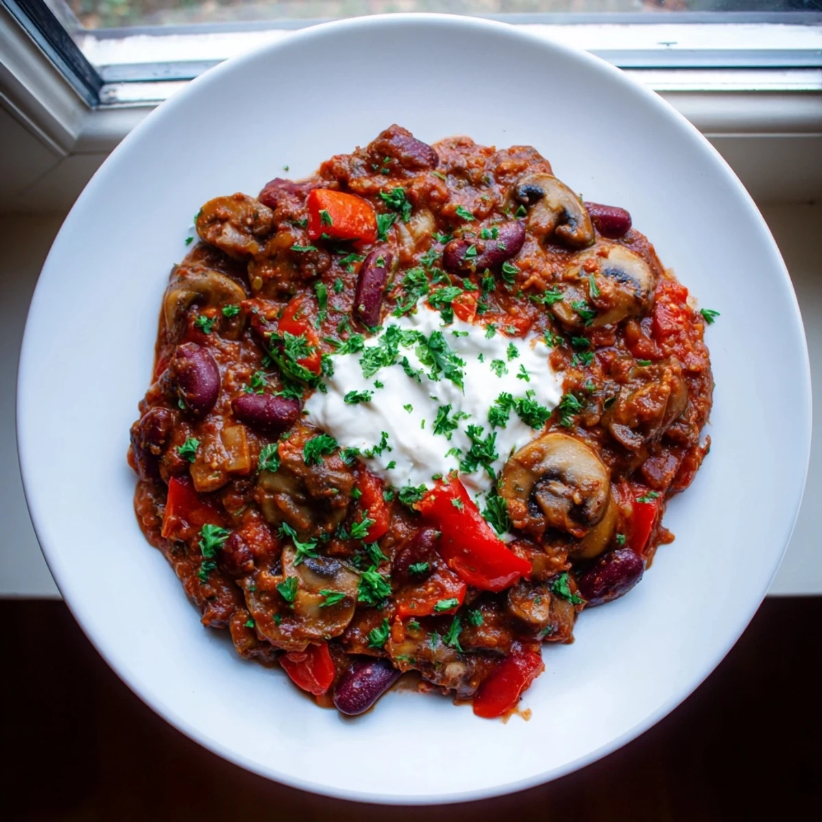 Overhead view of Chilli Mushroom Con Carne with beans and mushrooms, garnished with cilantro and a dollop of creamy yogurt.
