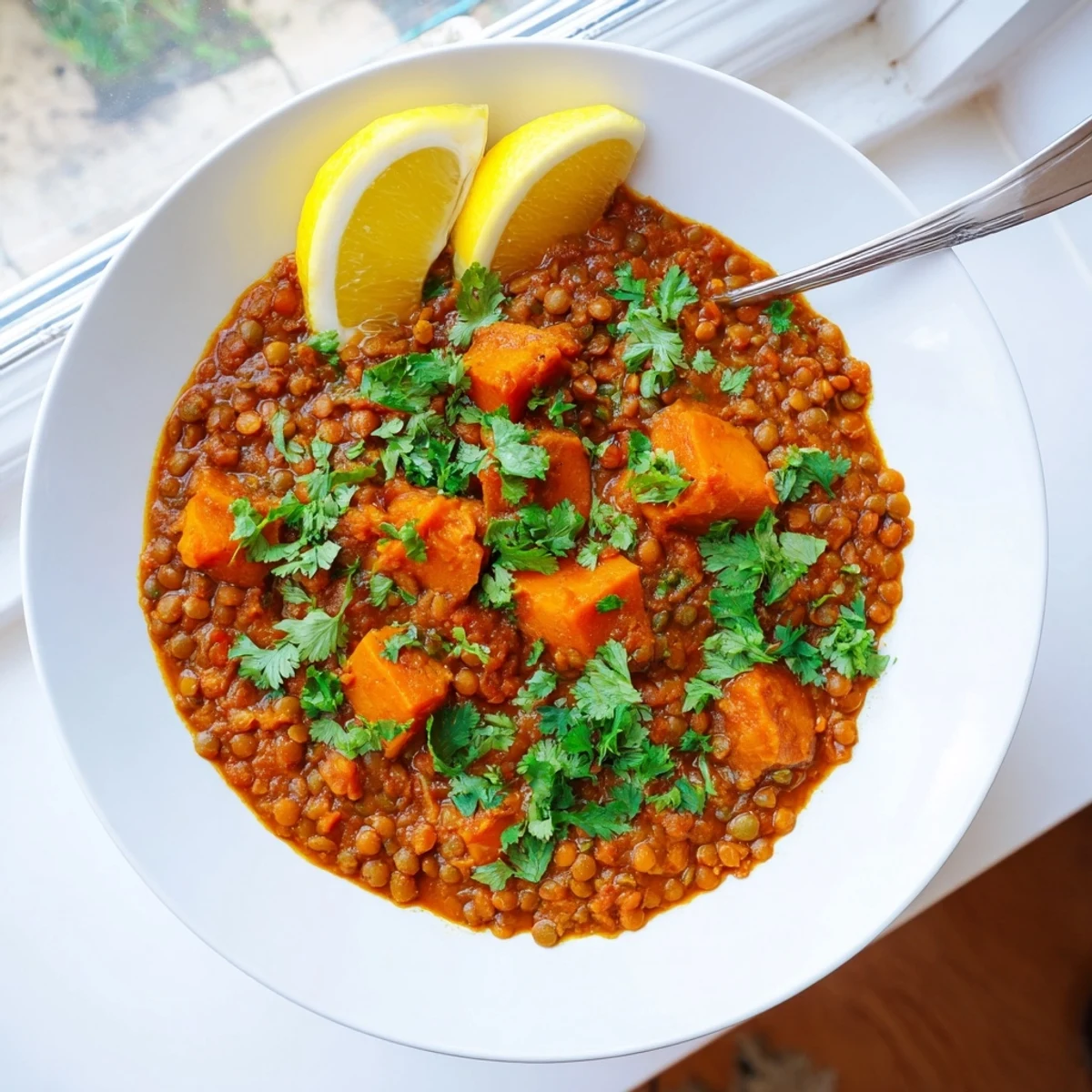 Vibrant bowl of Pumpkin and Lentil Rogan Josh Curry with fluffy rice and fresh cilantro garnish
