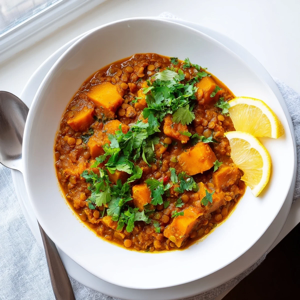 Warm serving suggestion for Pumpkin and Lentil Rogan Josh Curry paired with naan and lemon wedges