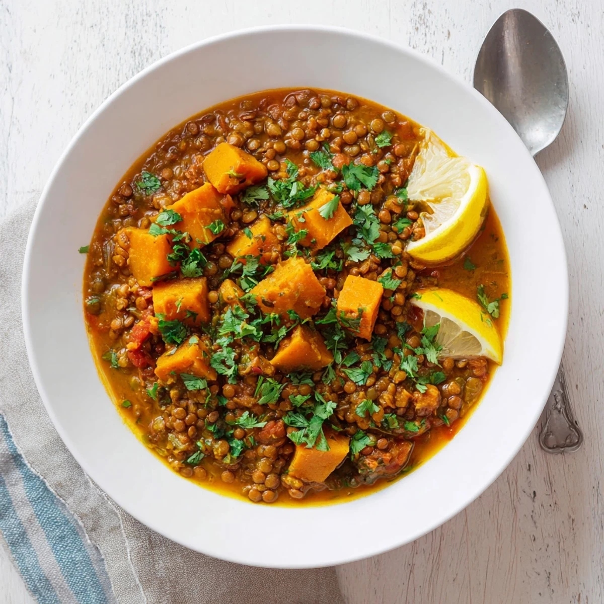 Close-up of rich Pumpkin and Lentil Rogan Josh Curry simmering in a rustic pot with coconut milk
