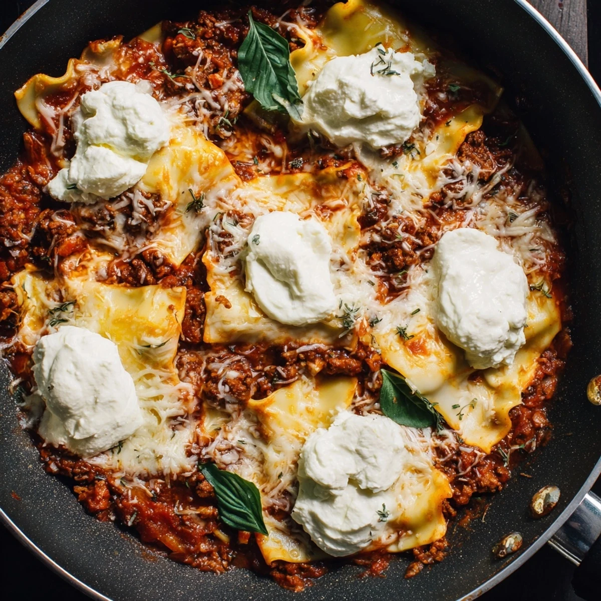 Golden-brown melted mozzarella tops Cheats Frypan Lasagne with creamy ricotta in a single pan, ready to serve.