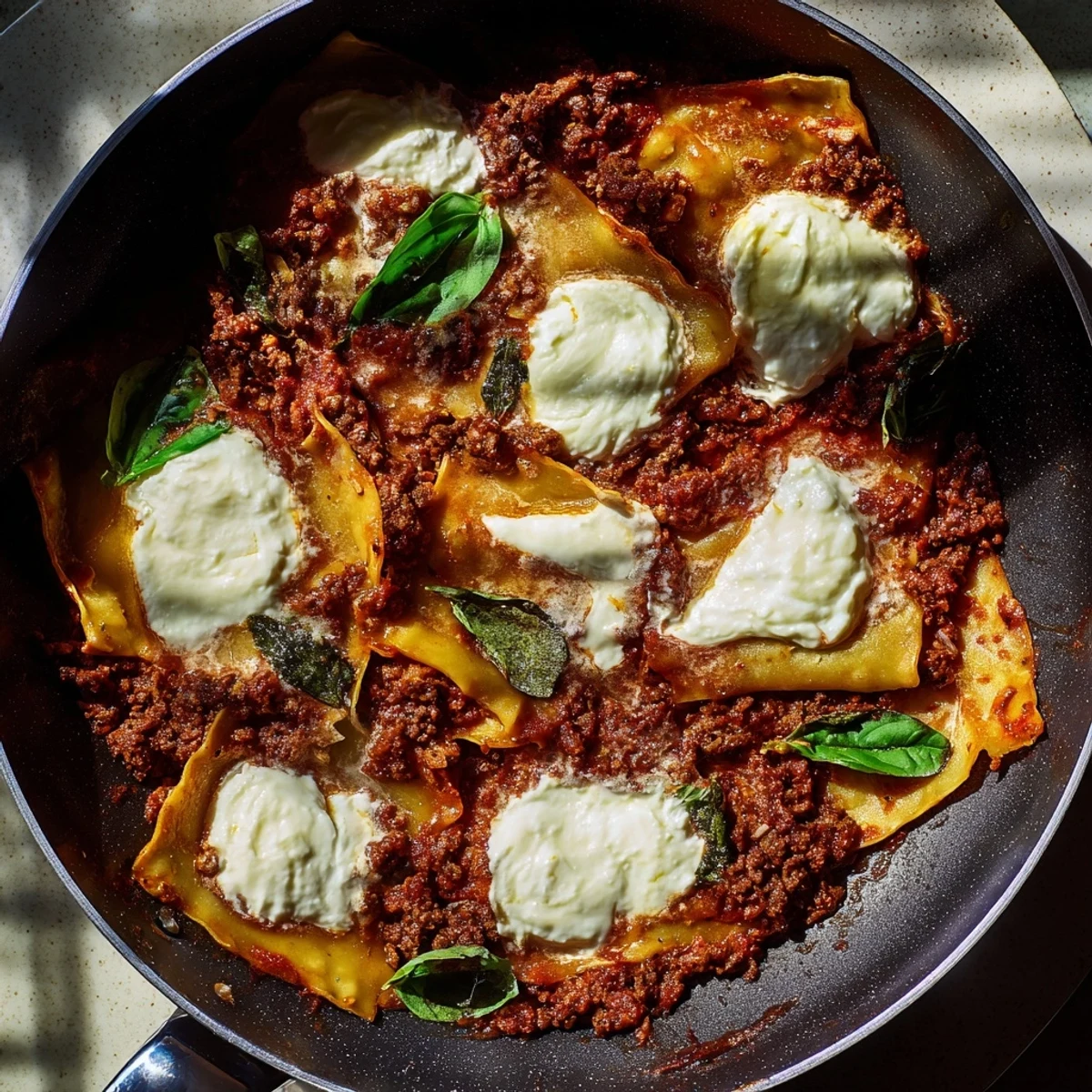 Ladle of Cheats Frypan Lasagne rests on a plate beside fresh basil and crusty bread slices.