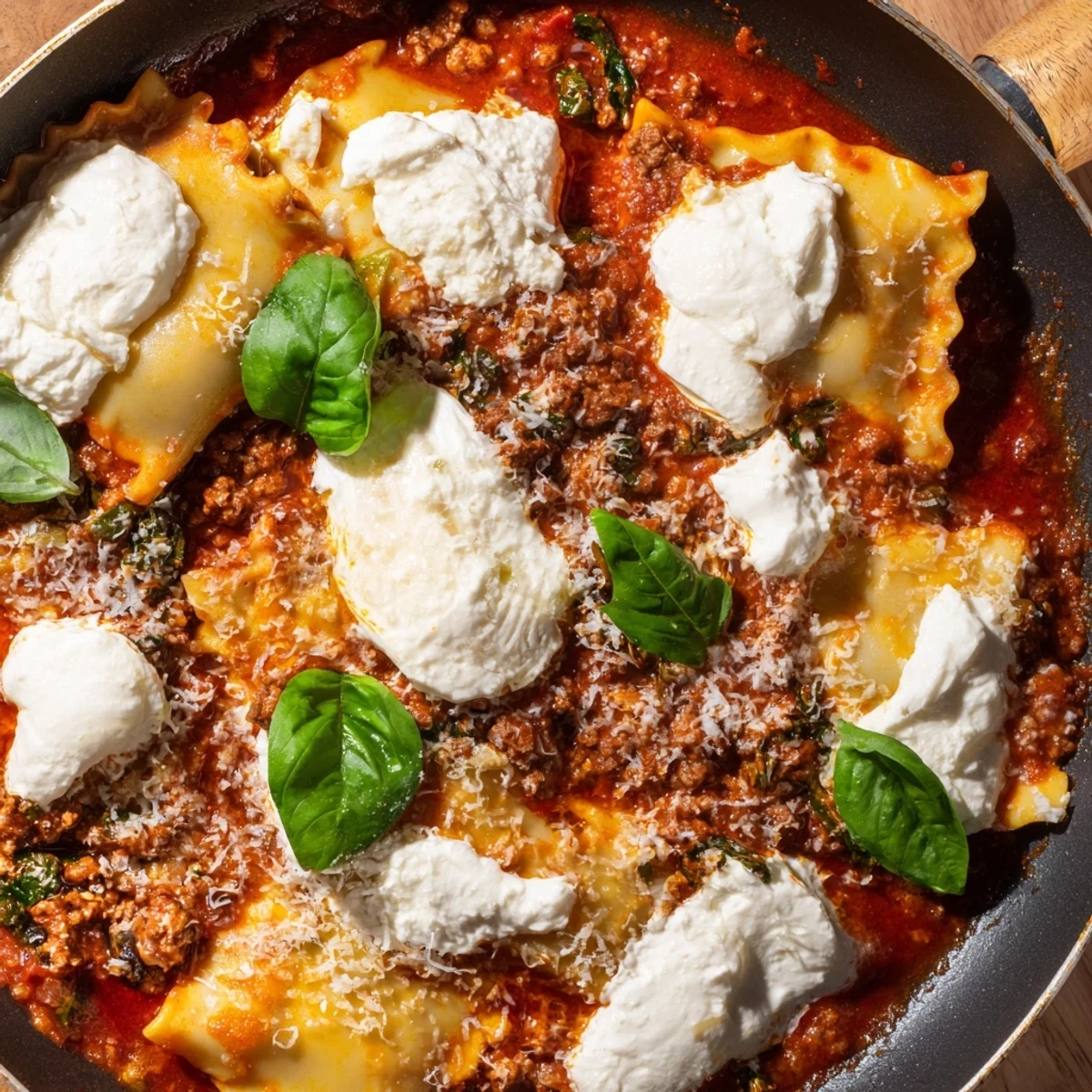 Savory ground beef sauce with broken lasagne sheets simmers in a frypan, creating a comforting weeknight dinner.