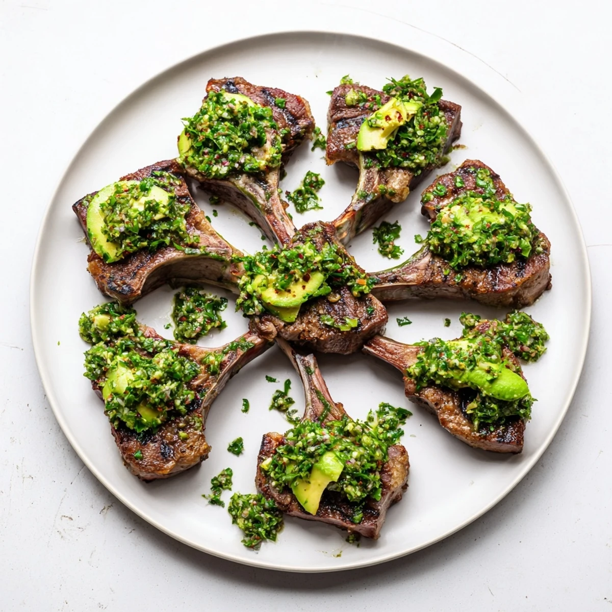 Sizzling grilled BBQ Lamb with Avocado Chimichurri Dressing rests on a rustic plate, herbs glistening with olive oil for a vibrant summer dinner.