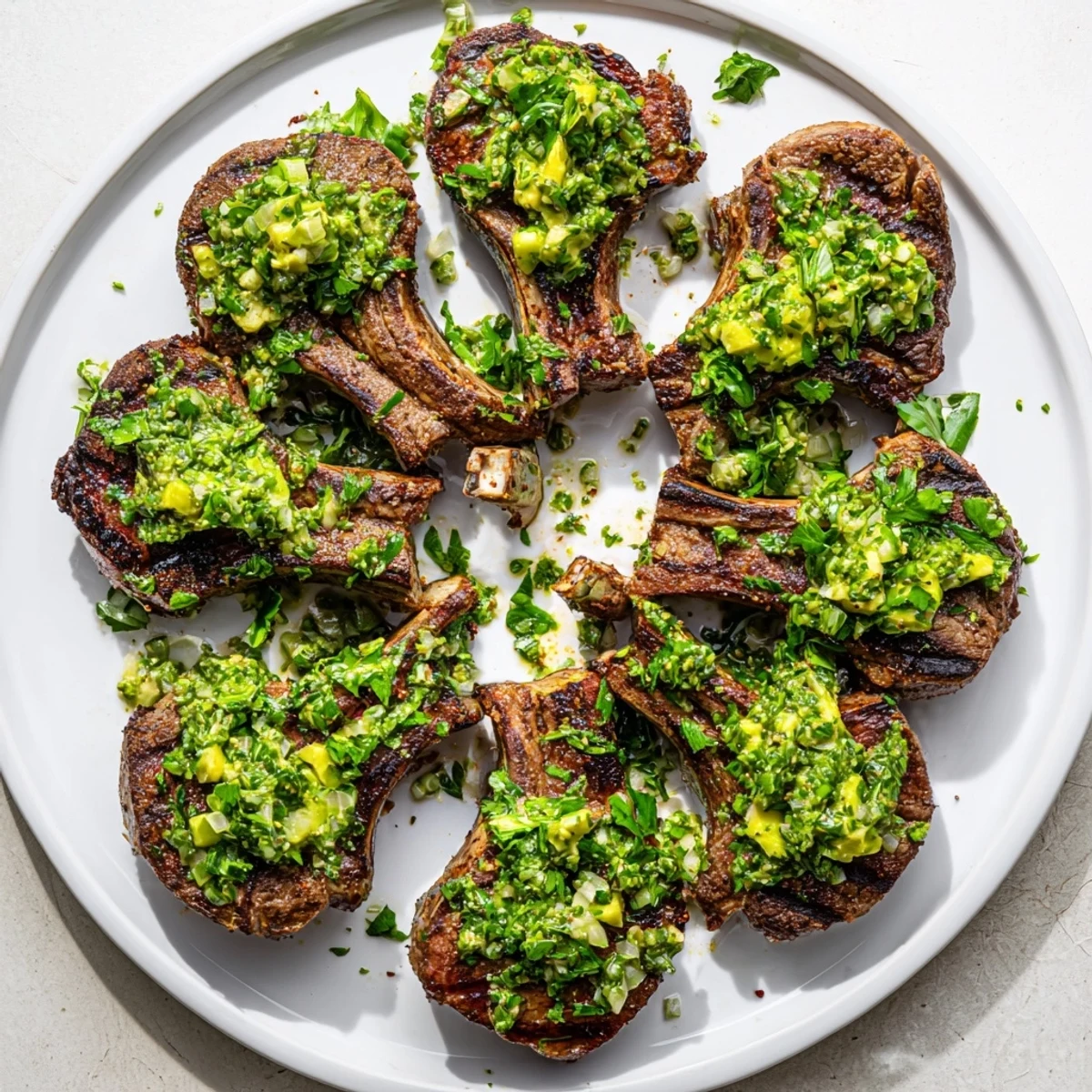Tender BBQ Lamb with Avocado Chimichurri Dressing chops feature char marks, topped with creamy green sauce, served alongside grilled asparagus for a gluten-free meal.