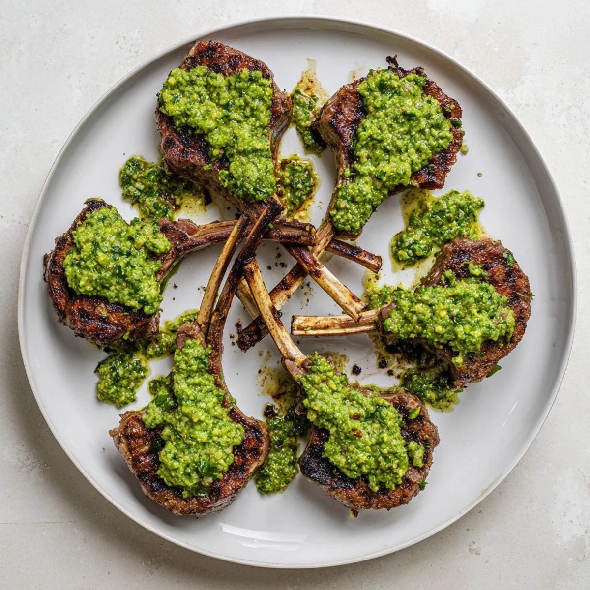 Close-up of BBQ Lamb with Avocado Chimichurri Dressing, showcasing juicy pink meat and a bright, chunky avocado herb sauce perfect for backyard entertaining.