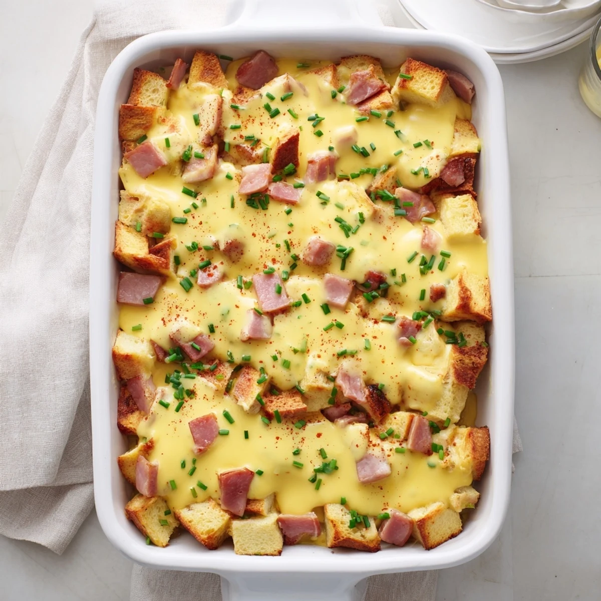 Steaming Overnight Eggs Benedict Casserole reveals layers of English muffins and Canadian bacon.  