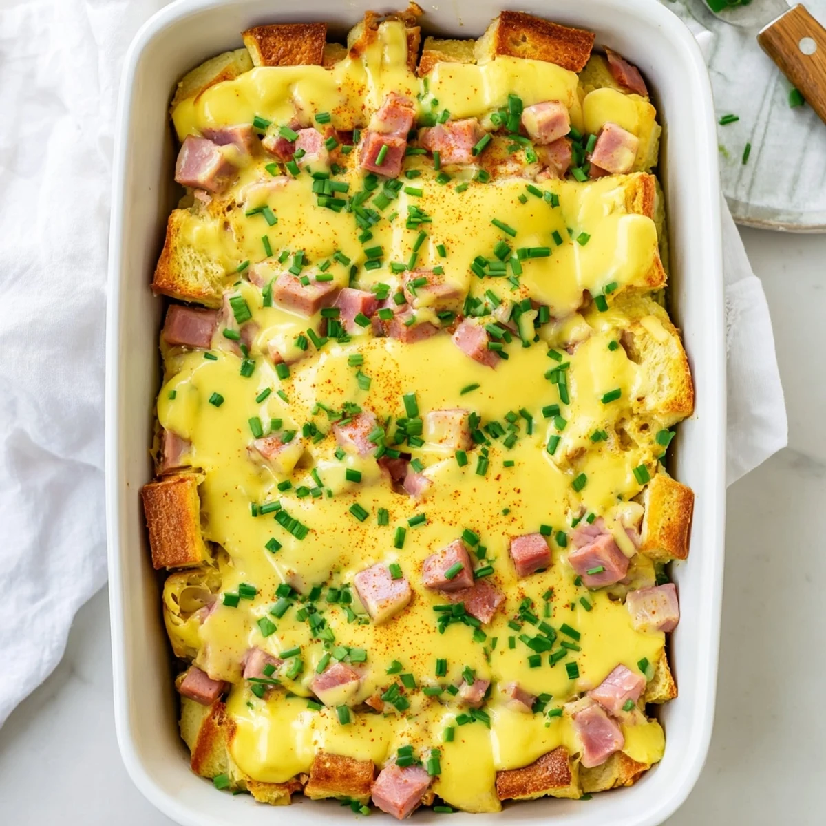 A generous slice of Overnight Eggs Benedict Casserole drizzled with creamy Hollandaise sauce.