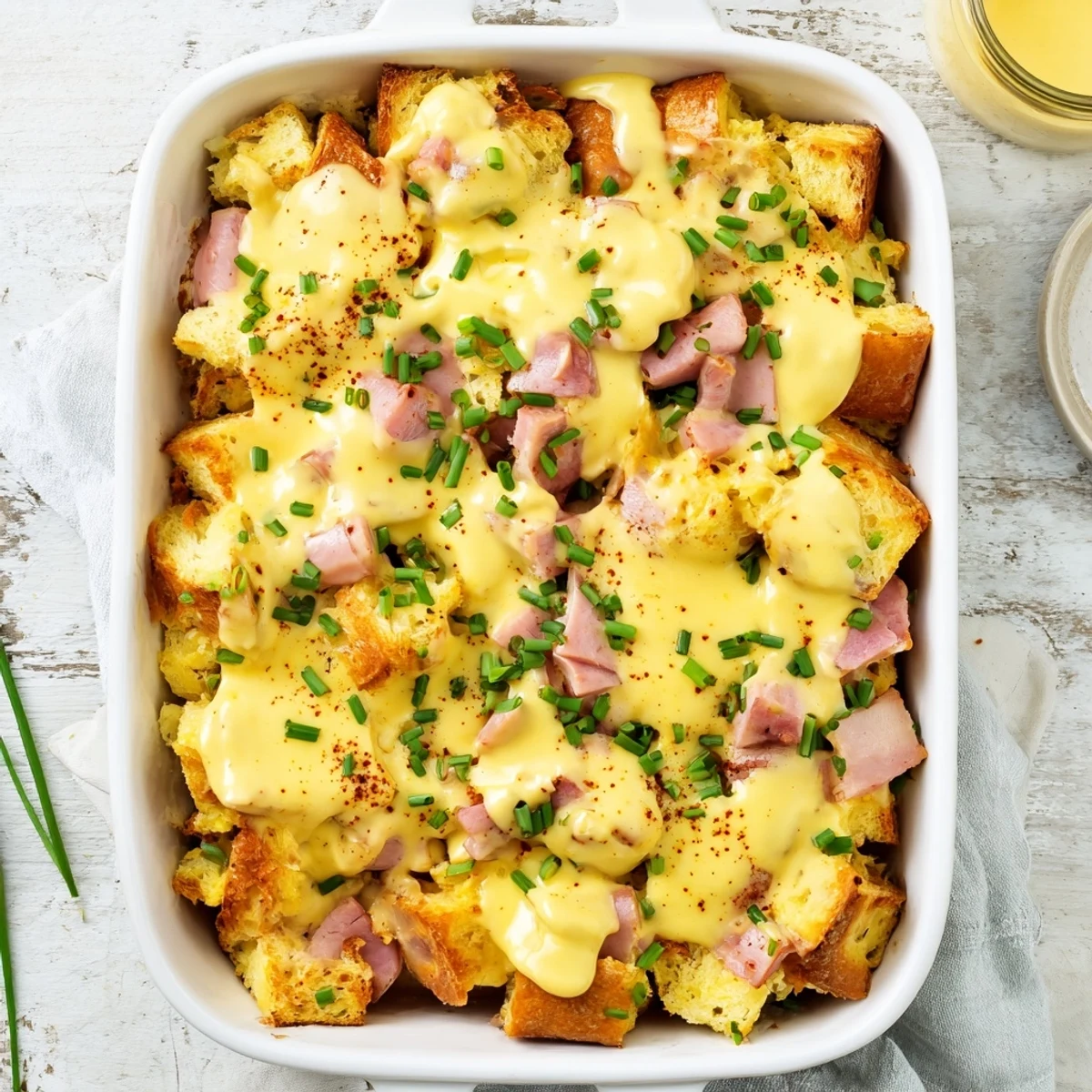 Golden-brown Overnight Eggs Benedict Casserole emerges from the oven, puffed and ready to slice.  