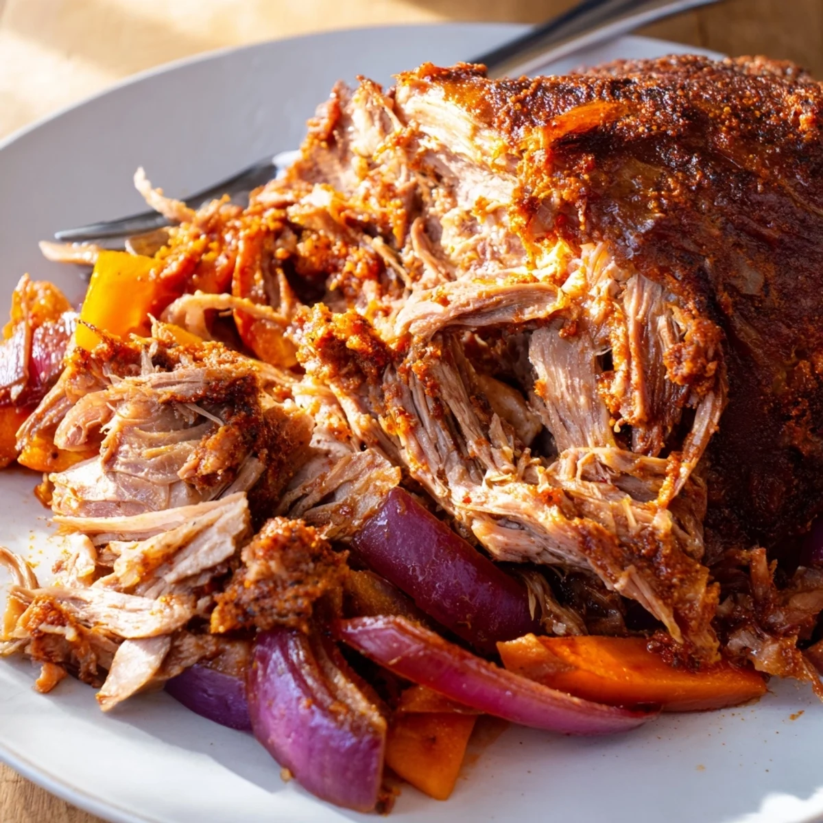 A juicy Slow Roasted Harissa Lamb Shoulder with tender shredded meat served on a platter with roasted vegetables.
