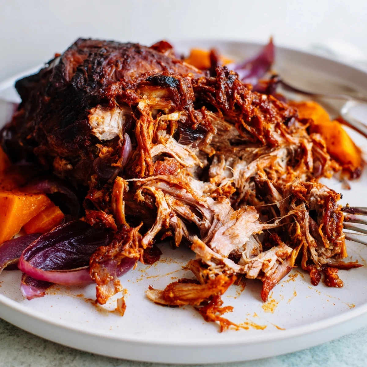 Golden brown Slow Roasted Harissa Lamb Shoulder glistening with pan juices, placed on a rustic wooden board.