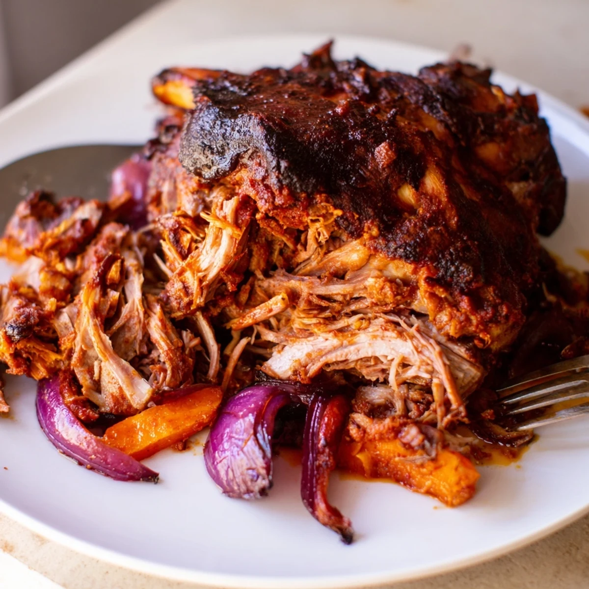 A close-up of Slow Roasted Harissa Lamb Shoulder revealing smoky, spicy crust and aromatic roasted garlic cloves.