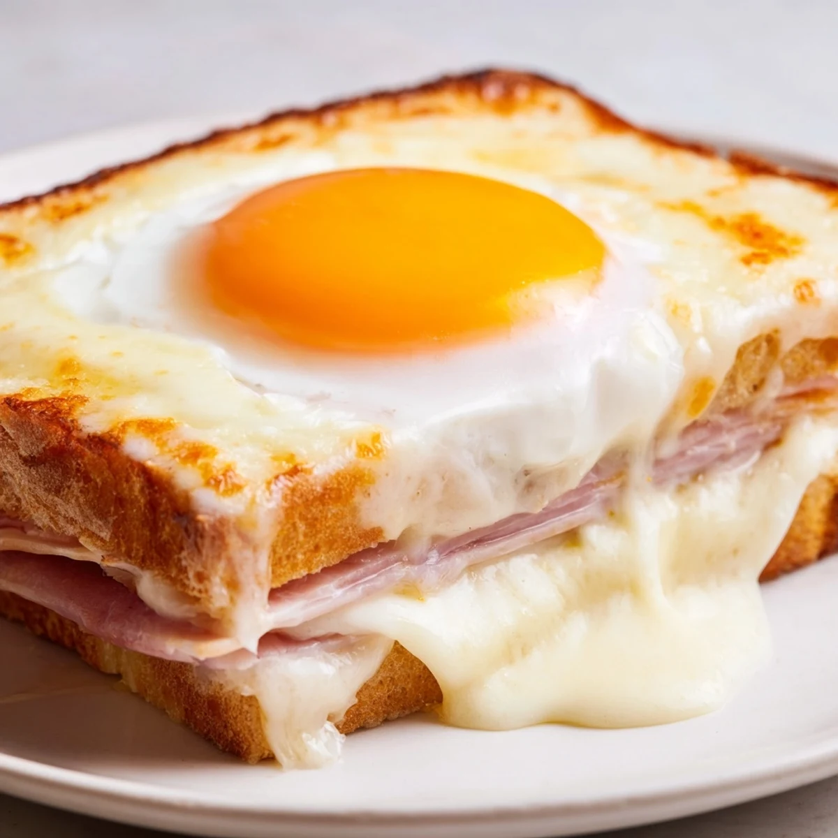 Warm, melted Gruyère cheese and savory ham peek from crispy toast layers under a perfectly fried egg on this Croque Madame.