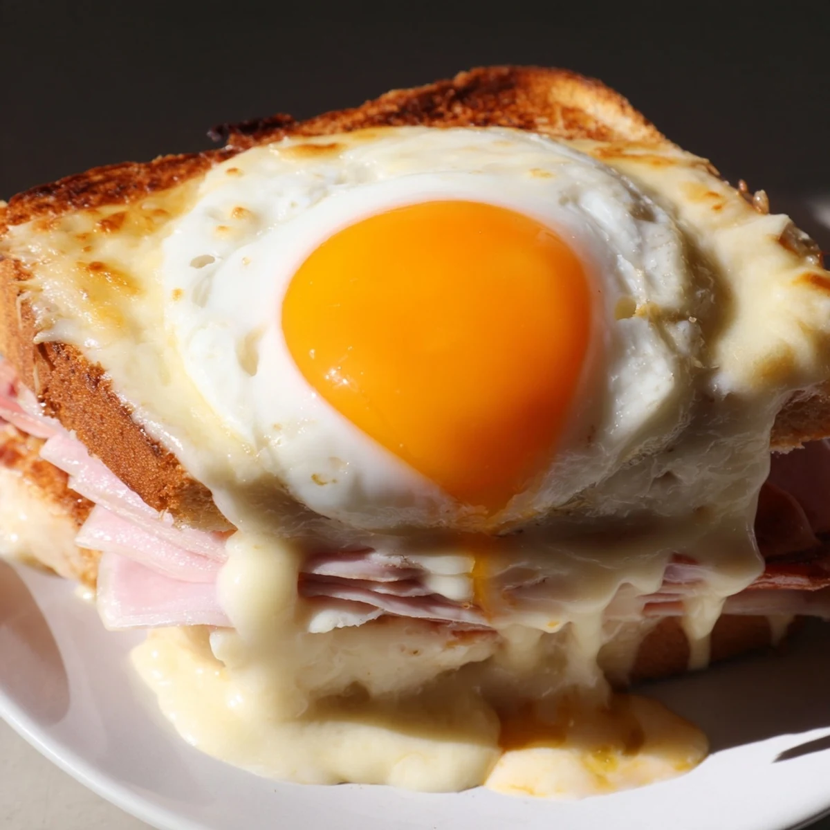 A golden Croque Madame sandwich topped with a sunny-side-up egg, drizzled with creamy béchamel sauce and served alongside fresh greens.