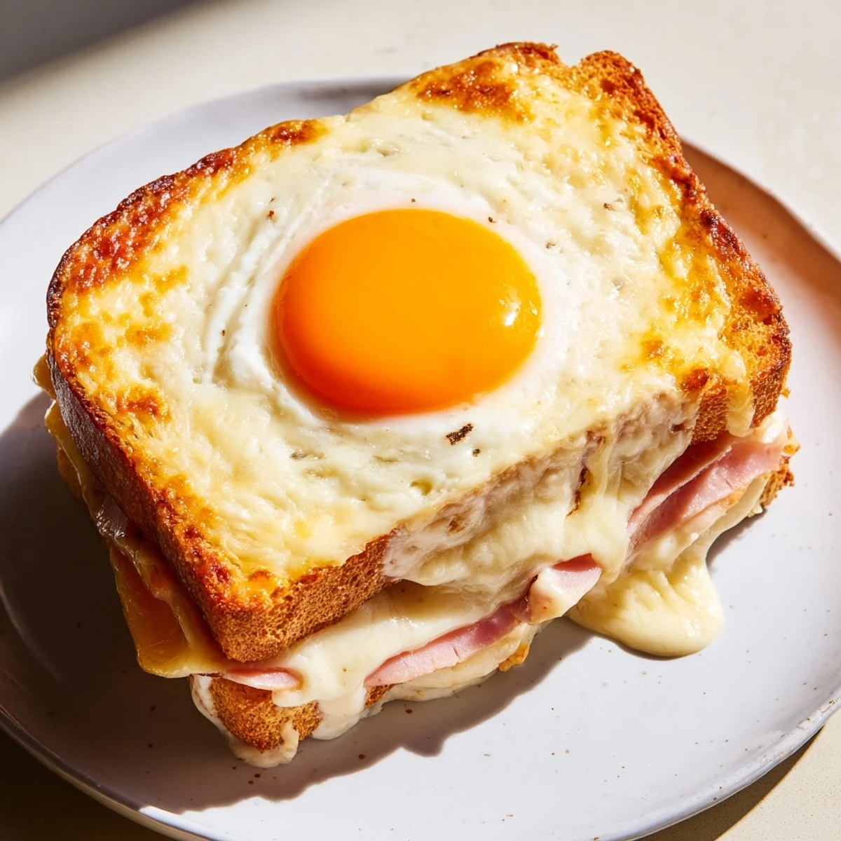 Close-up of a classic Croque Madame with bubbly béchamel, a runny yolk, and golden crust on a rustic wooden board.
