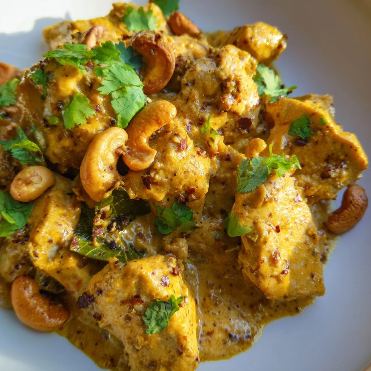 Close-up photo of Sri Lankan Coconut and Cashew Chicken with Saffron Rice, showcasing creamy sauce and golden grains.