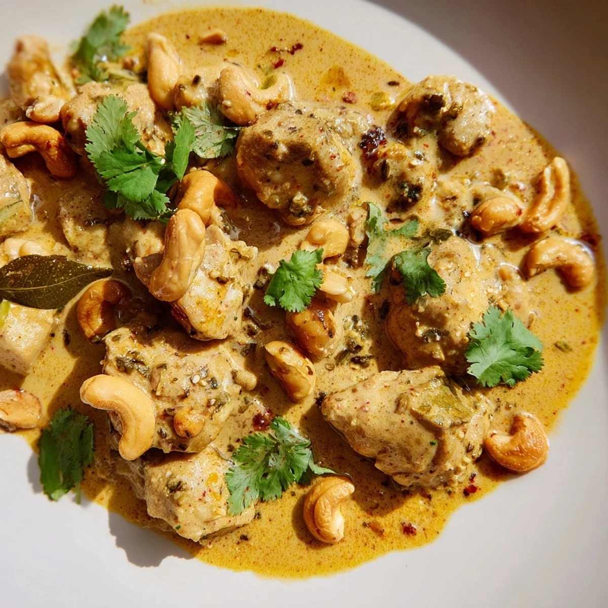 Sri Lankan Coconut and Cashew Chicken with Saffron Rice served in a rustic bowl with fresh cilantro garnish.