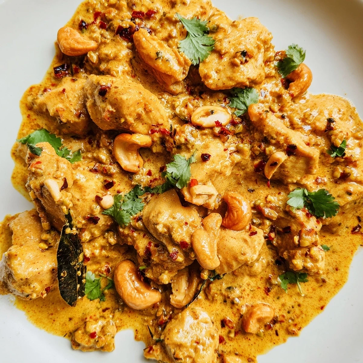 Hearty bowl of Sri Lankan Coconut and Cashew Chicken with Saffron Rice, featuring tender chicken and vibrant yellow rice.