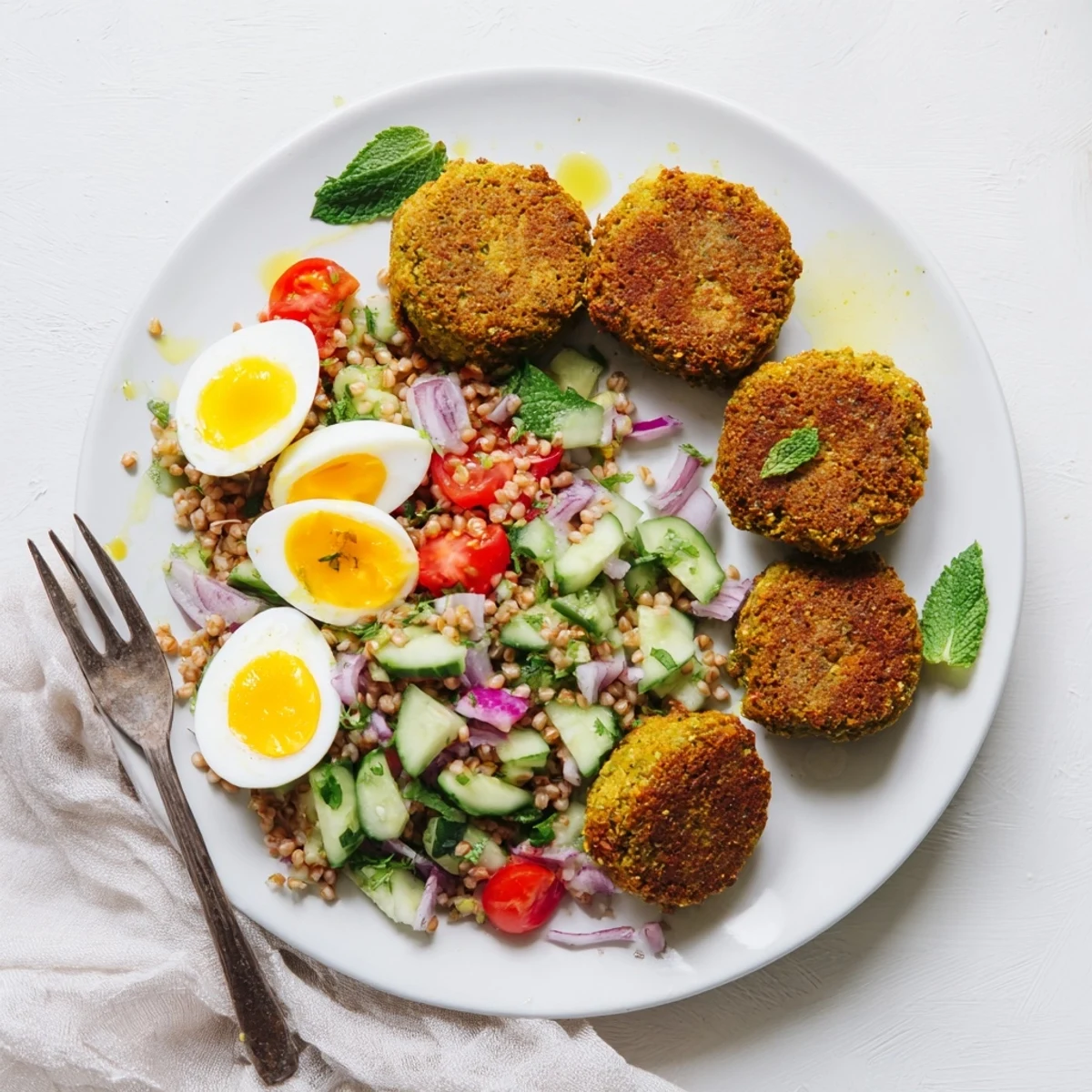 Golden-brown, crispy broccoli falafels rest atop a vibrant salad with buckwheat groats, chopped eggs, tomatoes, cucumber, fresh herbs, and a lemony dressing, serving four for a wholesome meal.  