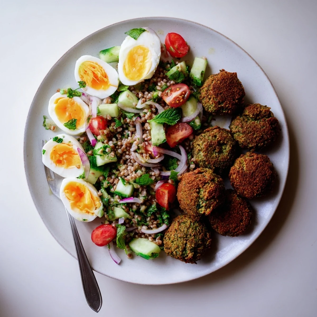 A close-up of herb-flecked broccoli falafels arranged beside a colorful bowl of buckwheat, egg, and herb salad featuring cherry tomatoes and cucumber slices.  