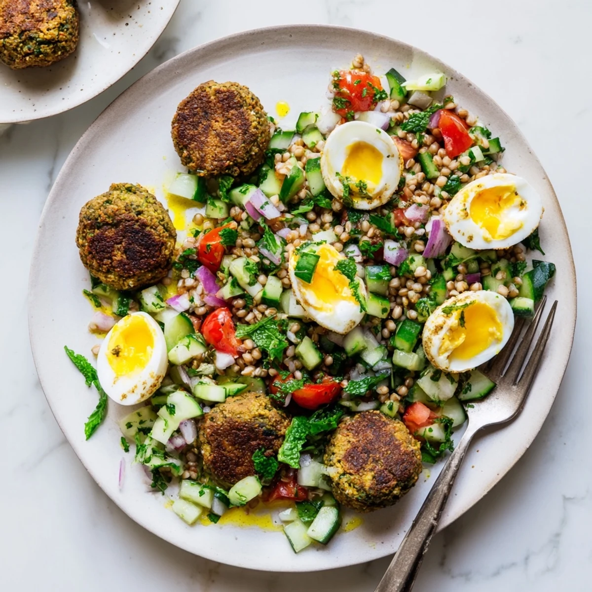 Overhead view of a vegetarian main dish with pan-fried broccoli falafels and a refreshing buckwheat, egg, and herb salad, garnished with fresh parsley and mint.