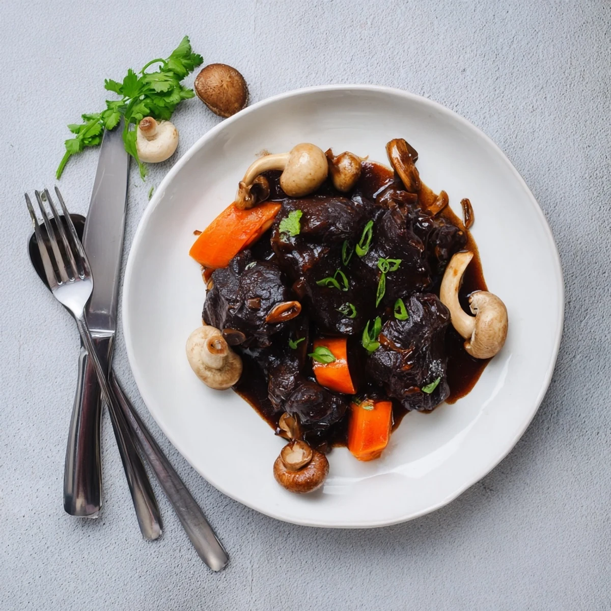 Asian Style Slow Cooked Beef Cheeks With Mushrooms in a deep braise, surrounded by carrots and onions, served in a rustic pot for a comforting family meal.
