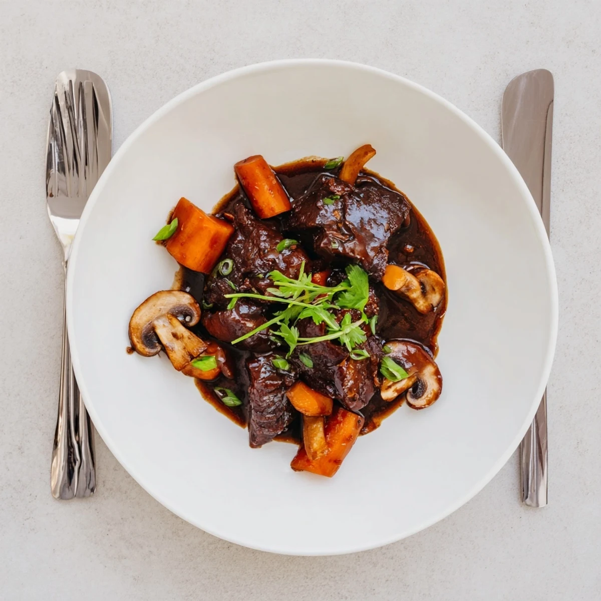 A close-up of Asian Style Slow Cooked Beef Cheeks With Mushrooms, glistening in a rich, dark savory sauce with tender shredded meat and sautéed mushrooms.