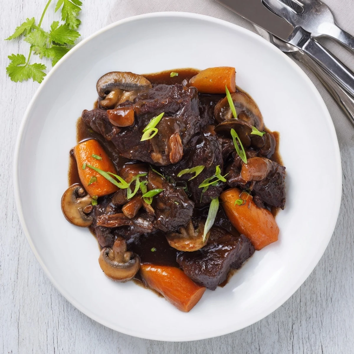 Plated Asian Style Slow Cooked Beef Cheeks With Mushrooms alongside steamed rice, garnished with fresh cilantro and scallions for a vibrant, appetizing dinner presentation.