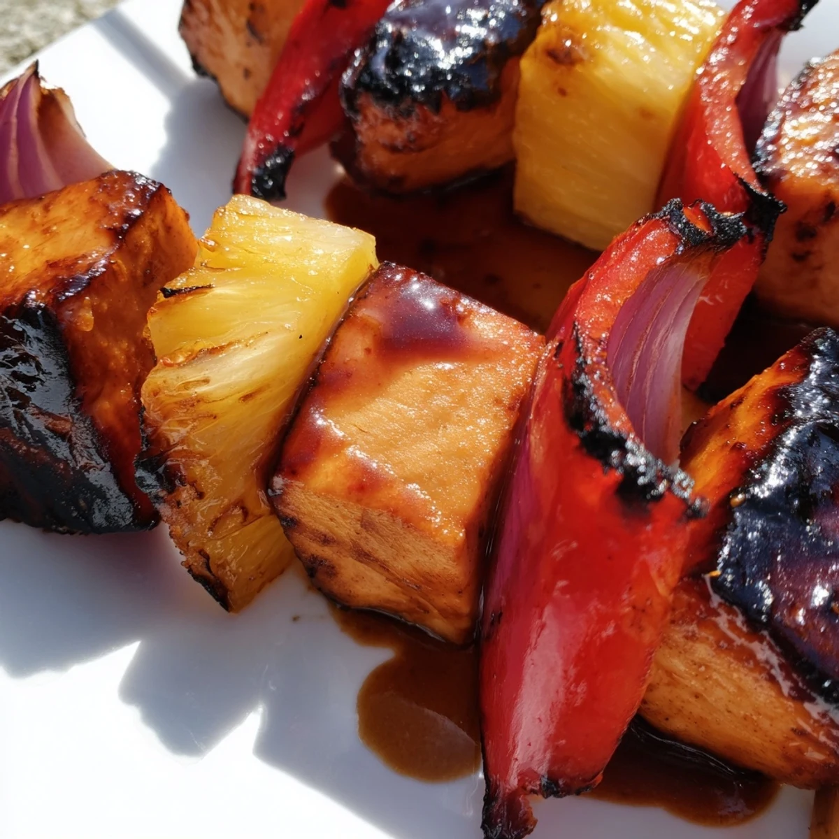 Juicy grilled Chicken and Pineapple BBQ Skewers sizzling on a grill, with charred edges and vibrant red bell peppers glistening.