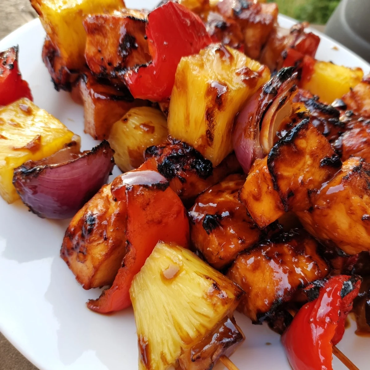 Close-up of tender Chicken and Pineapple BBQ Skewers on a platter, showing caramelized pineapple and smoky BBQ glaze.