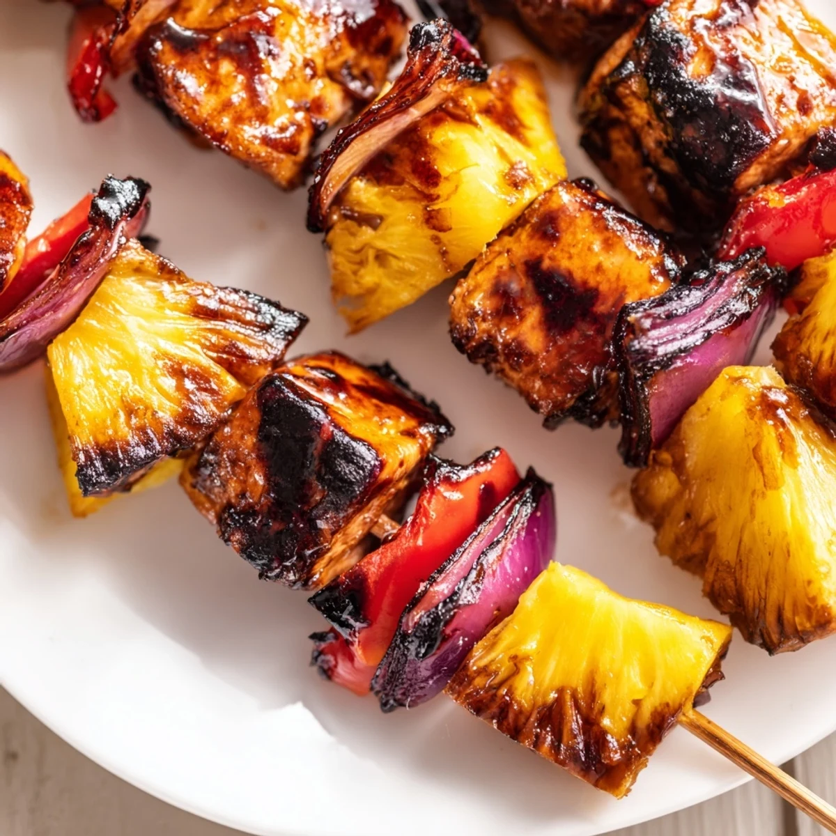 Colorful Chicken and Pineapple BBQ Skewers served over rice, garnished with fresh herbs for a perfect summer dinner.