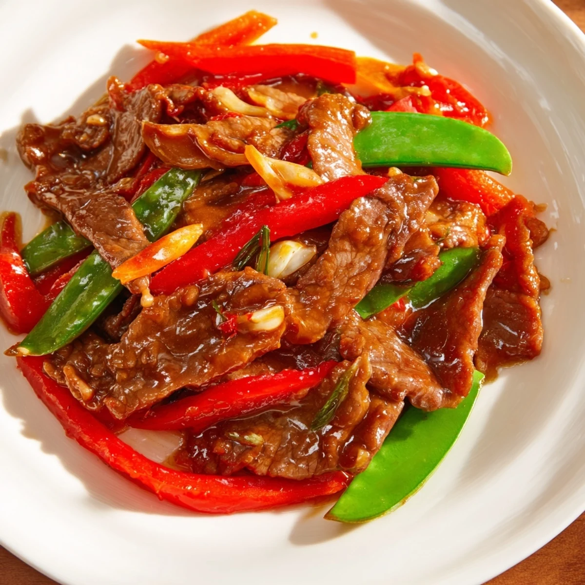 A plate of Beef With Oyster Sauce featuring savory, glossy beef and vibrant vegetables, perfect alongside jasmine rice and a side salad.