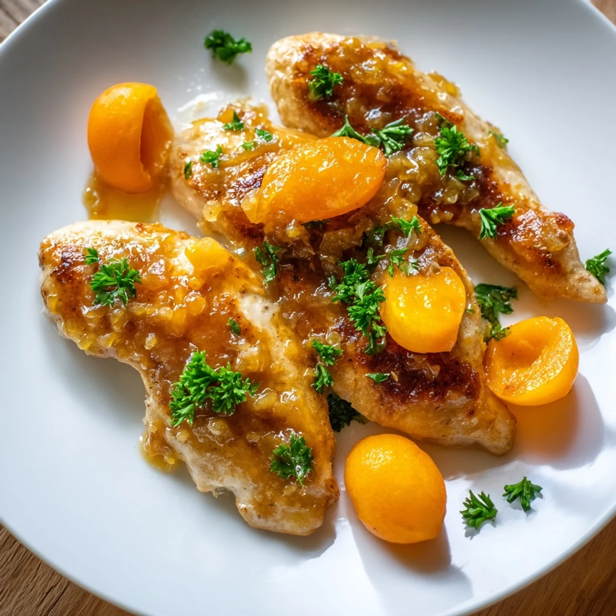 Golden-brown chicken breasts bathed in sticky apricot glaze, garnished with fresh parsley and served over fluffy white rice.