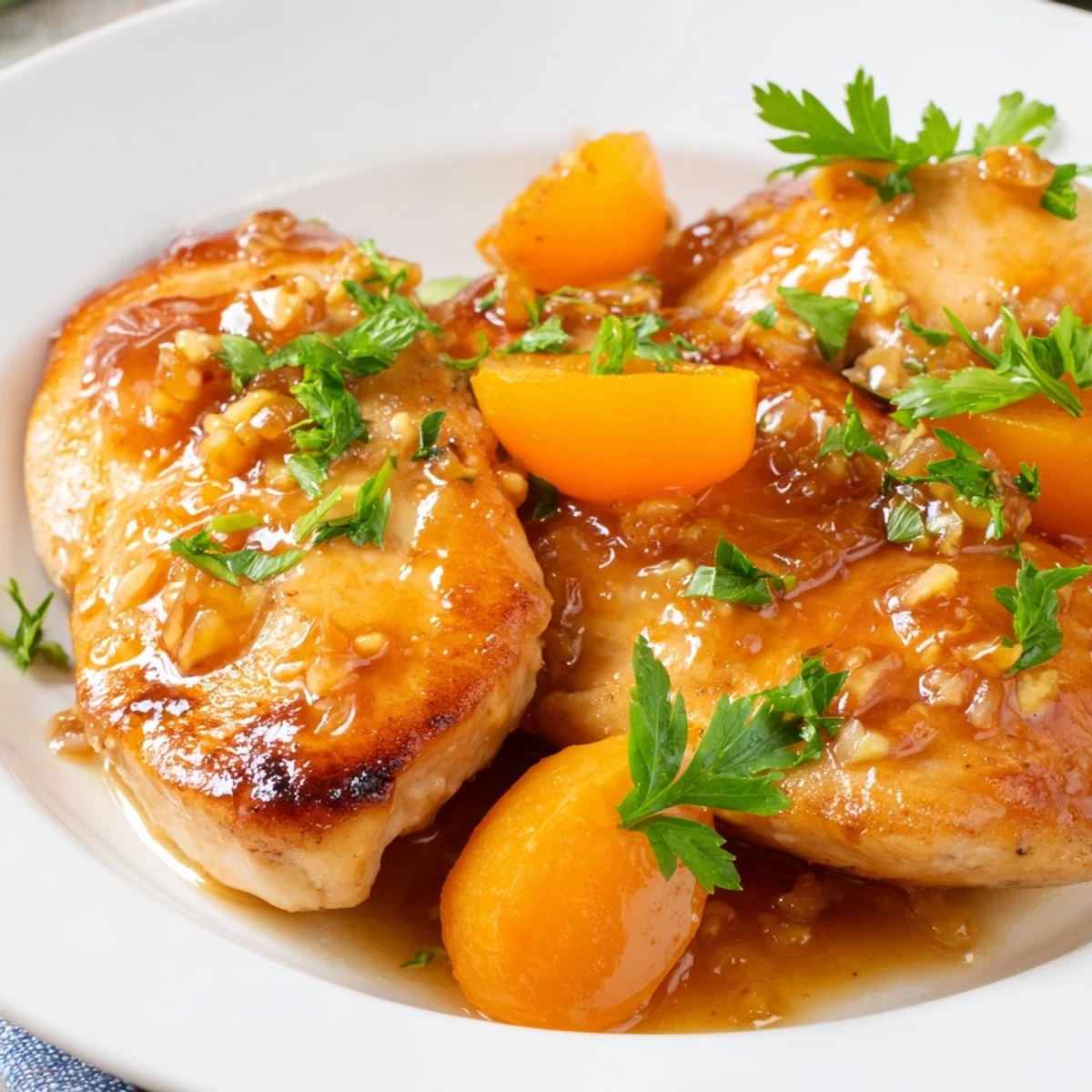 Tender sliced chicken in a warm apricot sauce, accompanied by steamed green beans and ready to serve on a rustic plate.