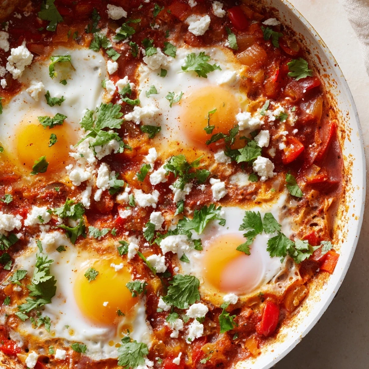 A close-up of Quick Shakshuka Eggs bubbling in a cast-iron skillet, with poached eggs in a rich, spicy tomato sauce.
