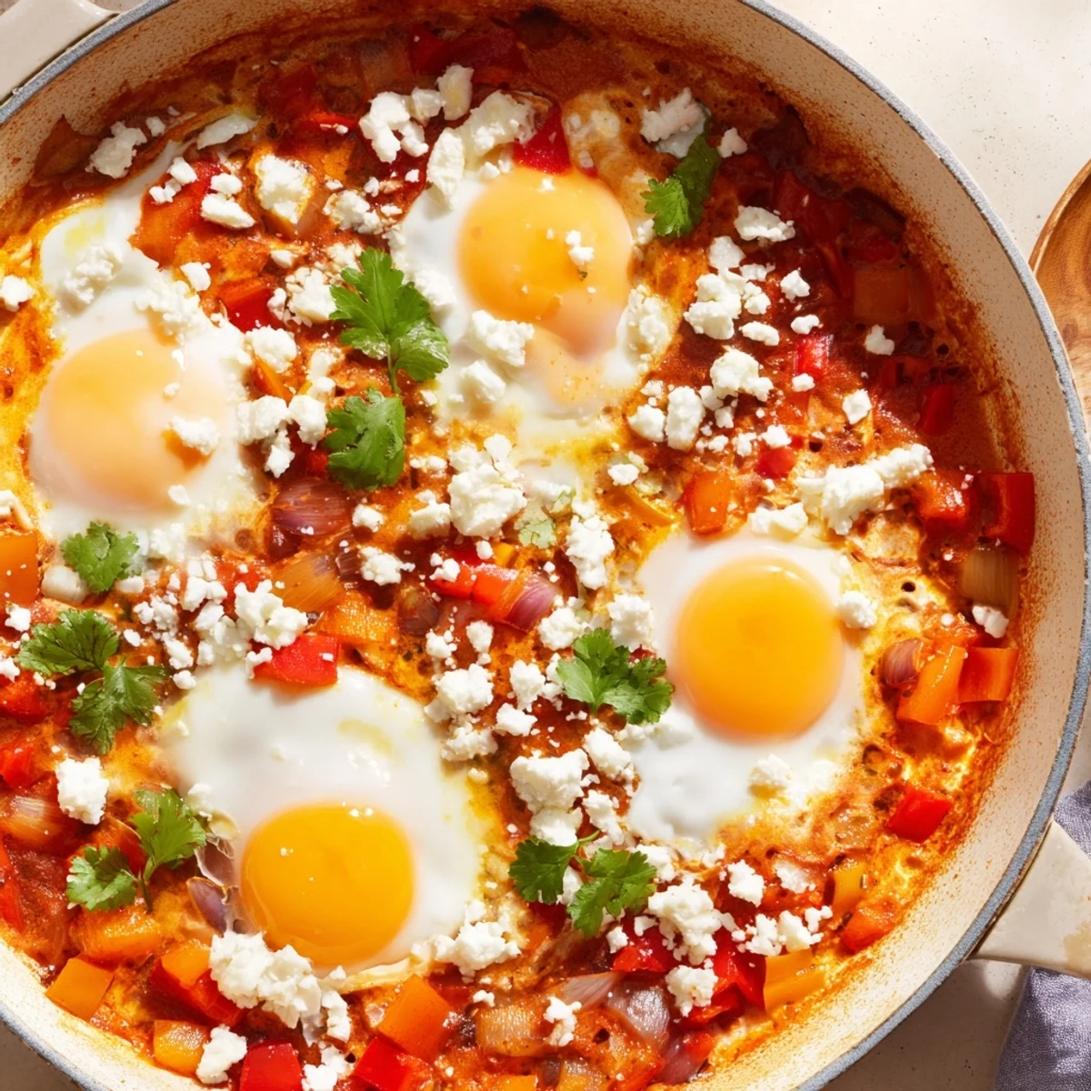 Quick Shakshuka Eggs served in a vibrant skillet, garnished with fresh cilantro and crumbled feta cheese on top.