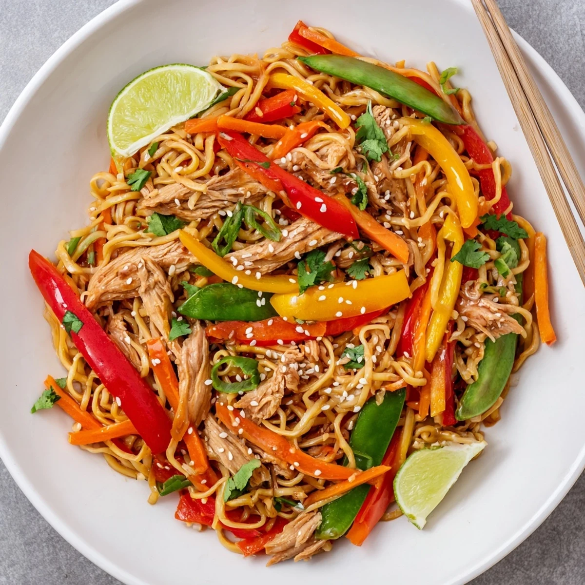 Vibrant Sweet Chilli Turkey Noodle Stir Fry in a white bowl, garnished with fresh cilantro and lime wedges.