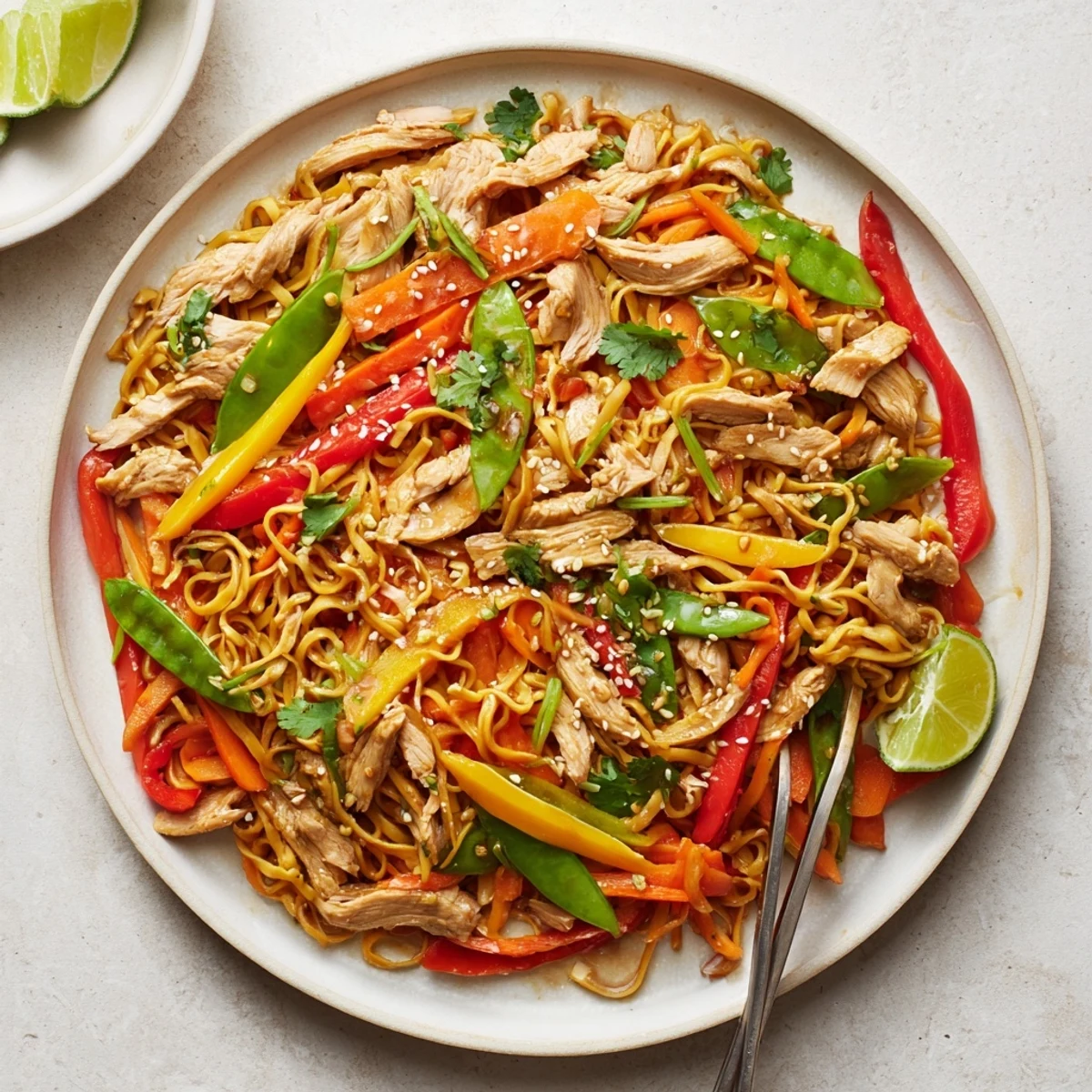 Close-up of Sweet Chilli Turkey Noodle Stir Fry showing colorful peppers, carrots, and noodles coated in glossy sauce.