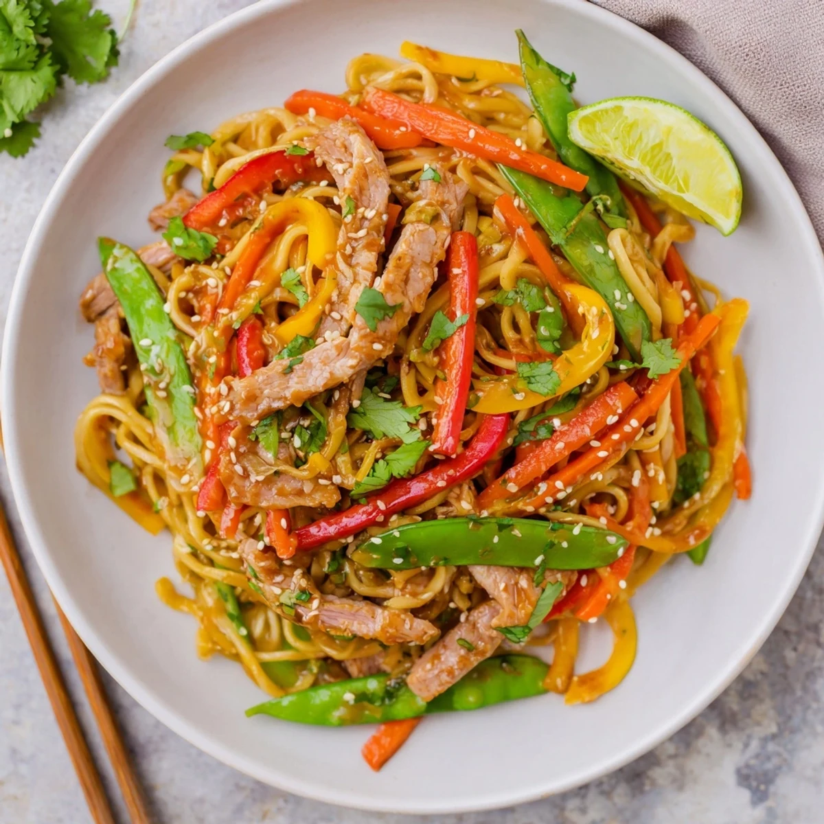 Overhead view of a hot pan of Sweet Chilli Turkey Noodle Stir Fry, steam rising from crispy vegetables and turkey.