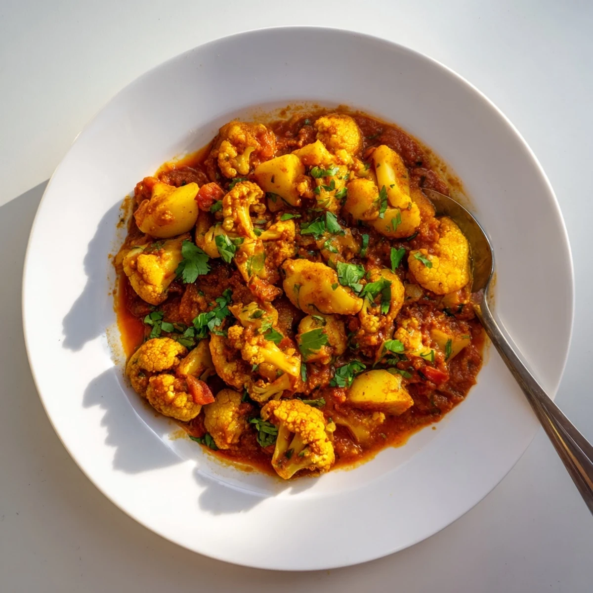Golden-brown cubes of Indian Butter Spiced Potatoes and Cauliflower glisten in a creamy, aromatic tomato sauce, garnished with fresh cilantro.