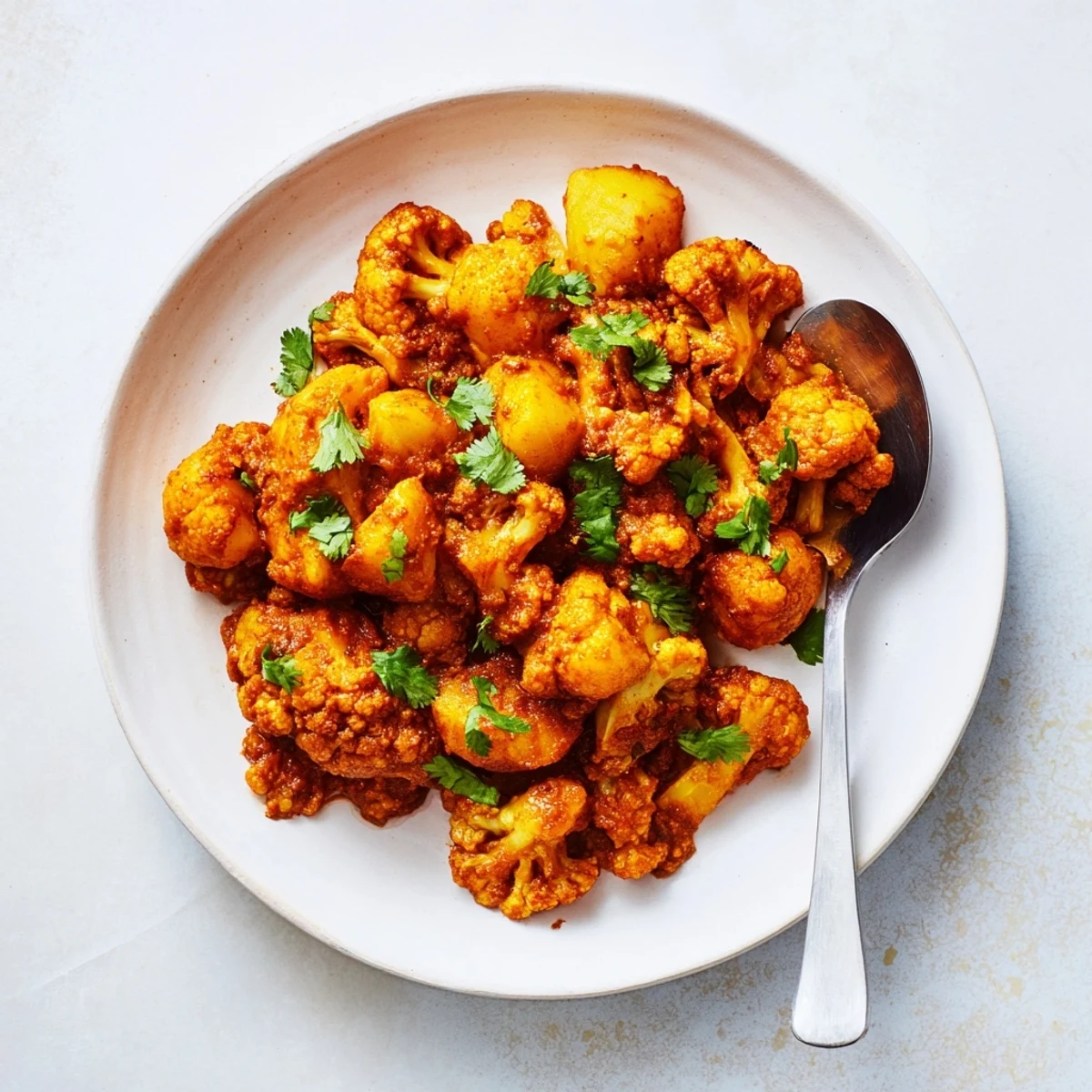 A close-up of tender potatoes and cauliflower florets in a rich buttery gravy, with a warm serving suggestion of basmati rice nearby.