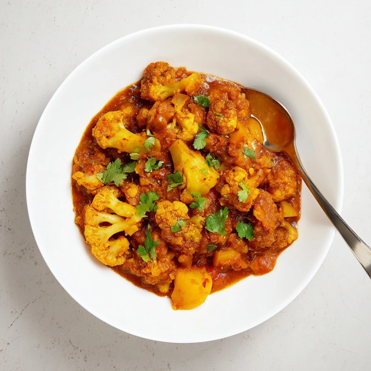 Hearty vegetarian Indian Butter Spiced Potatoes and Cauliflower simmered in spiced tomato cream, ready to be enjoyed with fluffy naan bread.